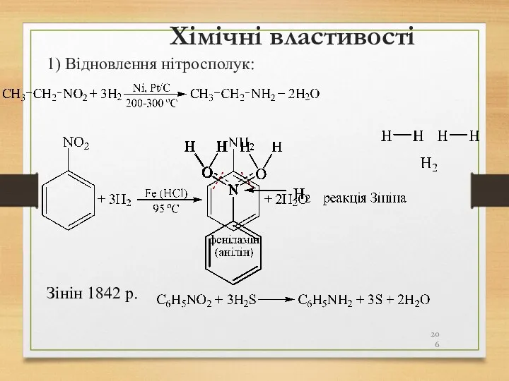 Хімічні властивості 1) Відновлення нітросполук: Зінін 1842 р.