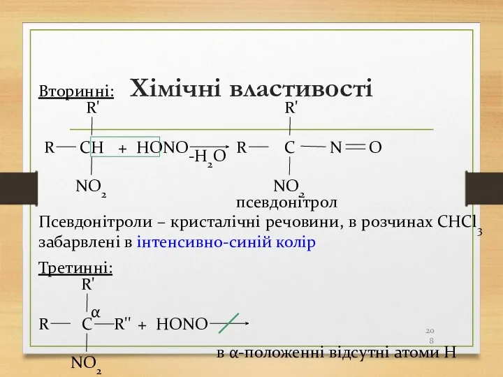Хімічні властивості Вторинні: R CH NO2 + HONO -H2O R'