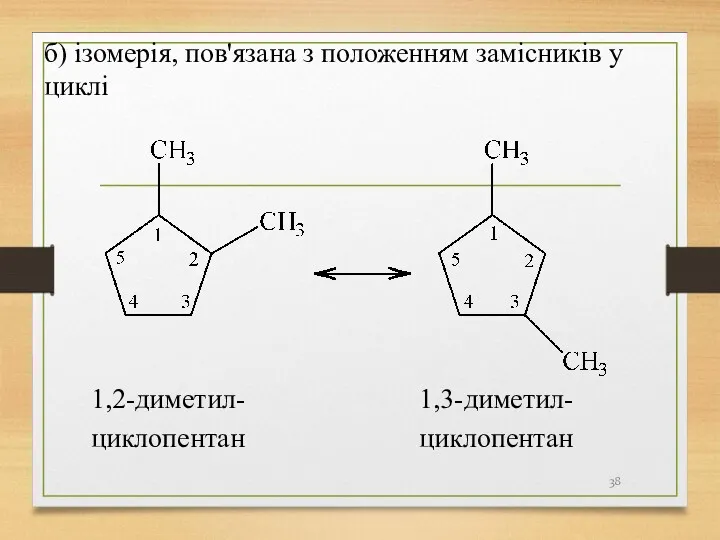 б) ізомерія, пов'язана з положенням замісників у циклі 1,2-диметил- циклопентан 1,3-диметил- циклопентан
