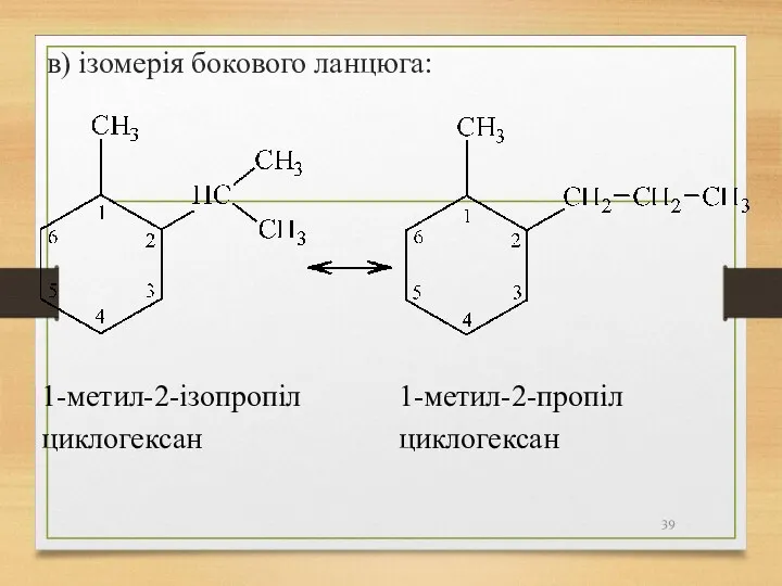 в) ізомерія бокового ланцюга: 1-метил-2-пропіл циклогексан 1-метил-2-ізопропіл циклогексан