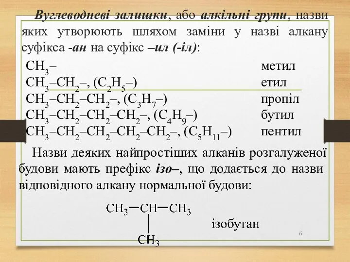 Вуглеводневі залишки, або алкільні групи, назви яких утворюють шляхом заміни