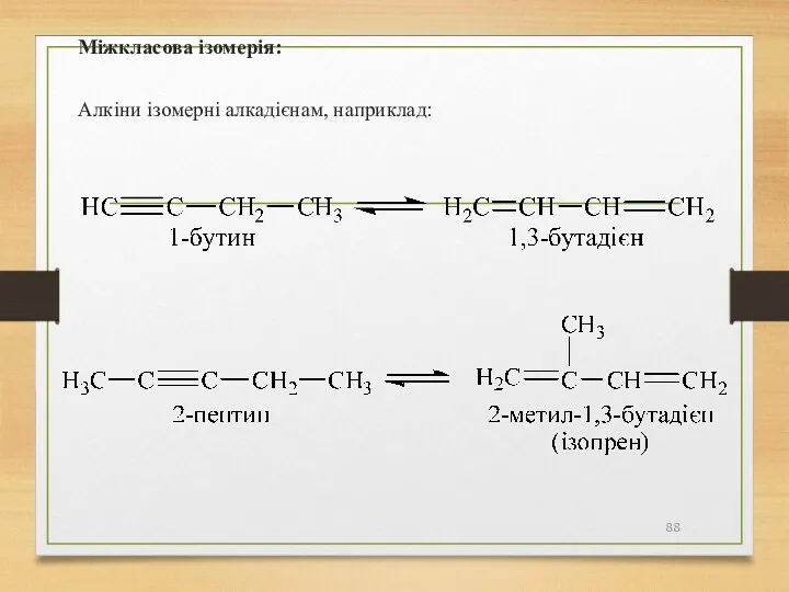 Міжкласова ізомерія: Алкіни ізомерні алкадієнам, наприклад:
