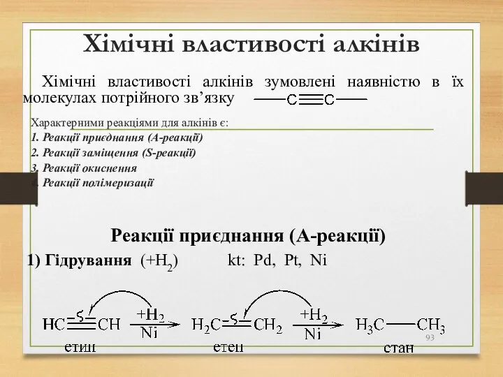 Хімічні властивості алкінів Характерними реакціями для алкінів є: 1. Реакції