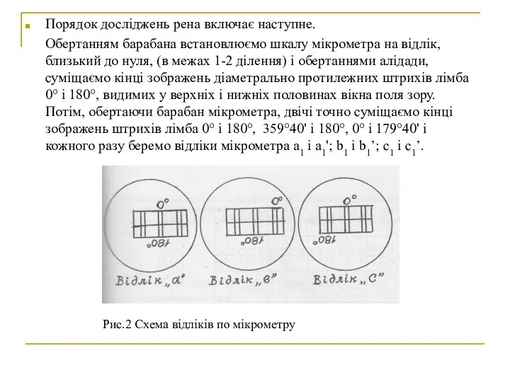 Порядок досліджень рена включає наступне. Обертанням барабана встановлюємо шкалу мікрометра на відлік, близький