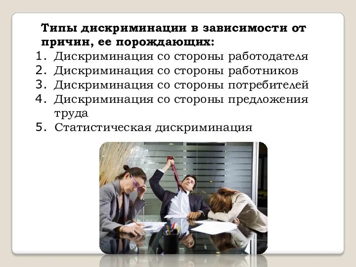 Типы дискриминации в зависимости от причин, ее порождающих: Дискриминация со