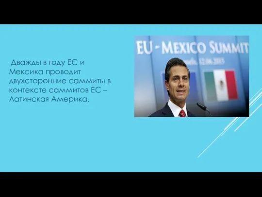 Дважды в году ЕС и Мексика проводит двухсторонние саммиты в контексте саммитов ЕС – Латинская Америка.
