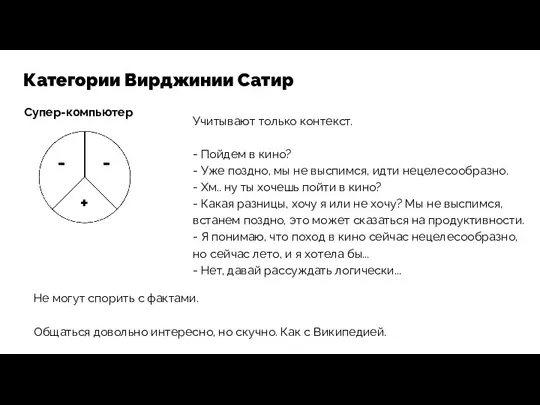 Категории Вирджинии Сатир Супер-компьютер + - - Учитывают только контекст.