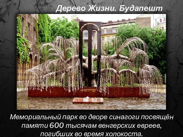 Мемориальный парк во дворе синагоги посвящён памяти 600 тысячам венгерских