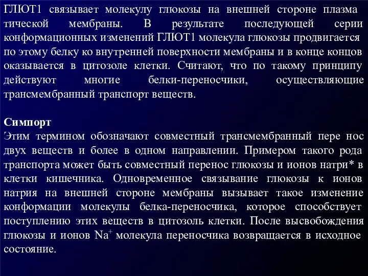 ГЛЮТ1 связывает молекулу глюкозы на внешней стороне плазма­тической мембраны. В