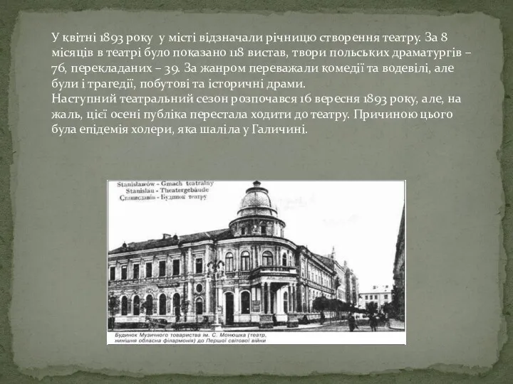 У квітні 1893 року у місті відзначали річницю створення театру.