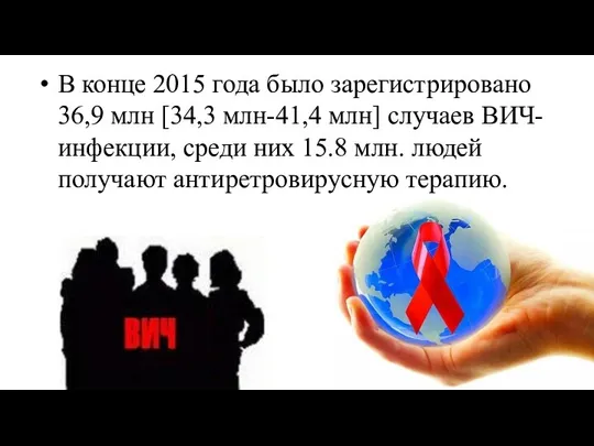 В конце 2015 года было зарегистрировано 36,9 млн [34,3 млн-41,4 млн] случаев ВИЧ-инфекции,