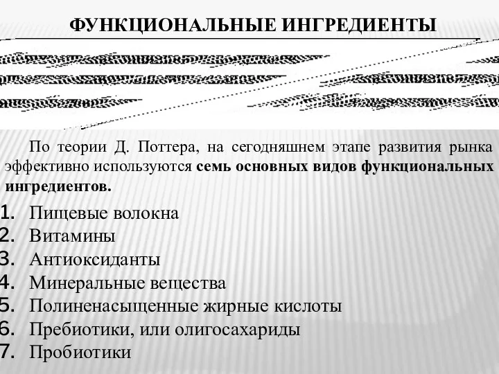 ФУНКЦИОНАЛЬНЫЕ ИНГРЕДИЕНТЫ По теории Д. Поттера, на сегодняшнем этапе развития