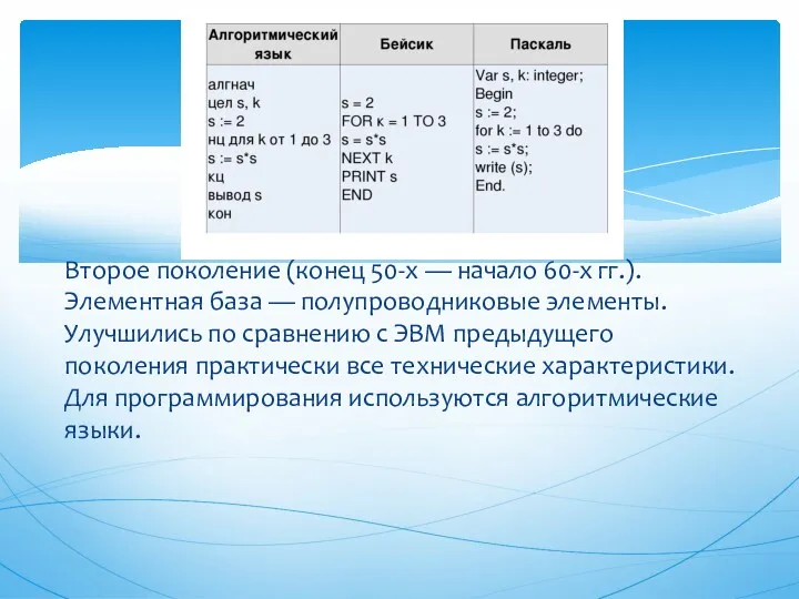 Второе поколение (конец 50-х — начало 60-х гг.). Элементная база — полупроводниковые элементы.