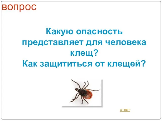 вопрос Какую опасность представляет для человека клещ? Как защититься от клещей? ответ