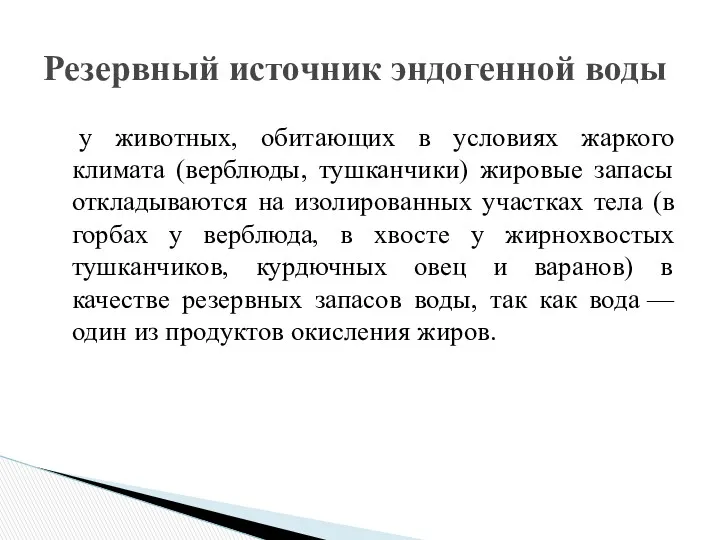 у животных, обитающих в условиях жаркого климата (верблюды, тушканчики) жировые