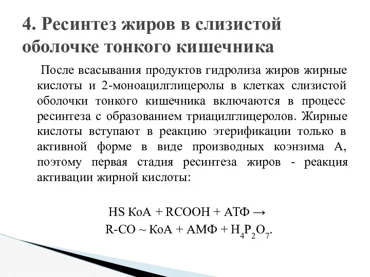 После всасывания продуктов гидролиза жиров жирные кислоты и 2-моноацилглицеролы в