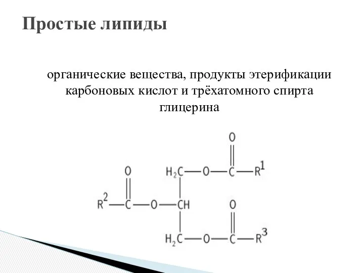 органические вещества, продукты этерификации карбоновых кислот и трёхатомного спирта глицерина Простые липиды