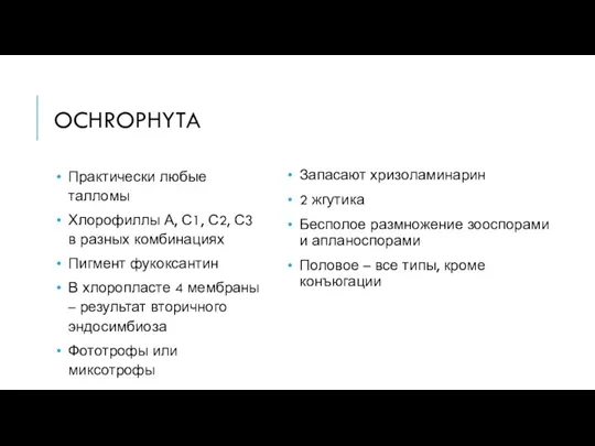 OCHROPHYTA Запасают хризоламинарин 2 жгутика Бесполое размножение зооспорами и апланоспорами