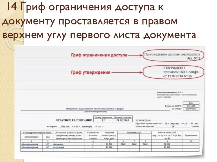 14 Гриф ограничения доступа к документу проставляется в правом верхнем углу первого листа документа