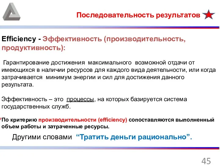 Последовательность результатов Efficiency - Эффективность (производительность, продуктивность): Гарантирование достижения максимального