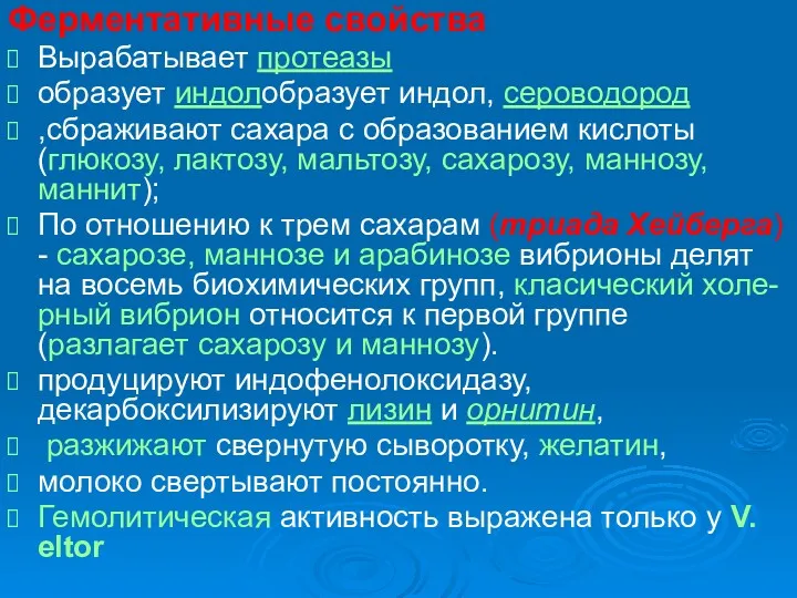 Ферментативные свойства Вырабатывает протеазы образует индолобразует индол, сероводород ,сбраживают сахара