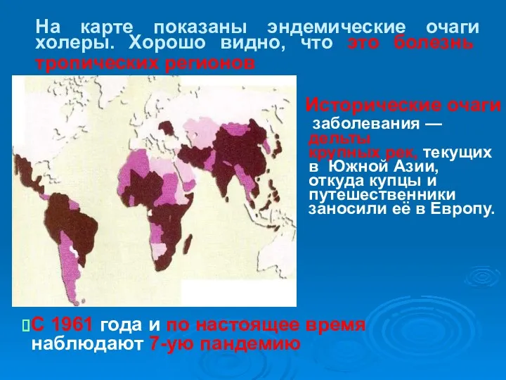 На карте показаны эндемические очаги холеры. Хорошо видно, что это