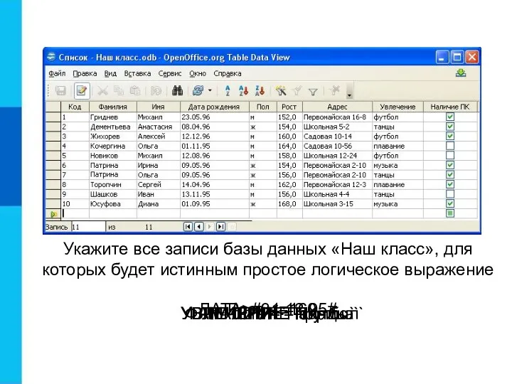 Укажите все записи базы данных «Наш класс», для которых будет