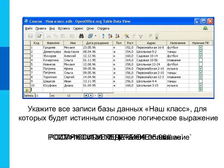 Укажите все записи базы данных «Наш класс», для которых будет