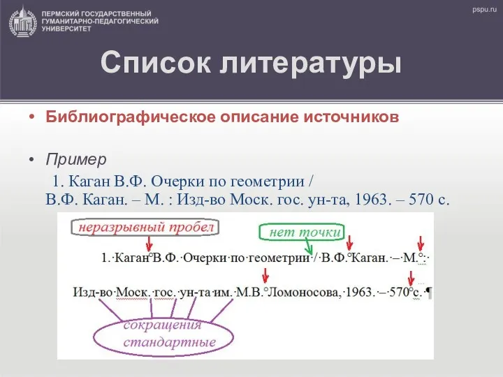 Список литературы Библиографическое описание источников Пример 1. Каган В.Ф. Очерки