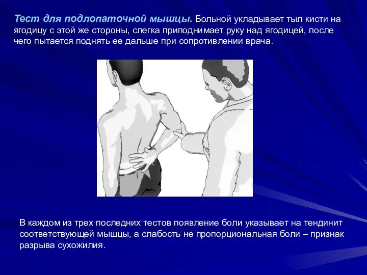 Тест для подлопаточной мышцы. Больной укладывает тыл кисти на ягодицу