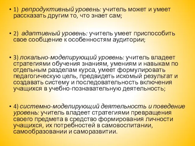 1) репродуктивный уровень: учитель может и умеет рассказать другим то,