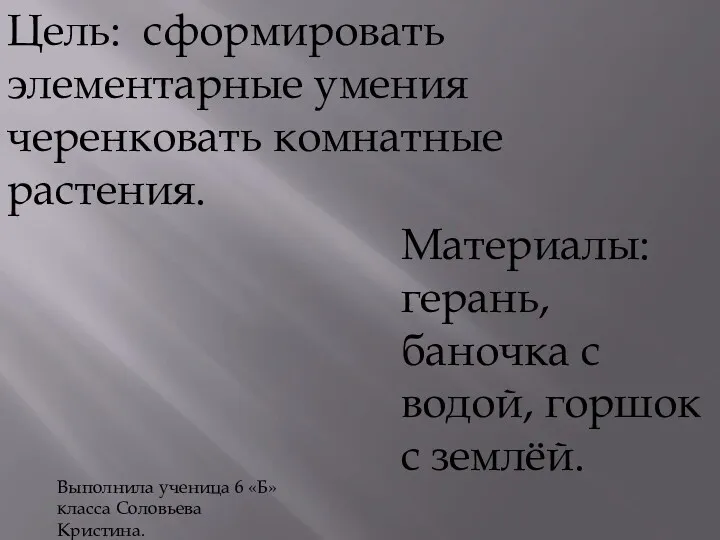 Цель: сформировать элементарные умения черенковать комнатные растения. Материалы: герань, баночка