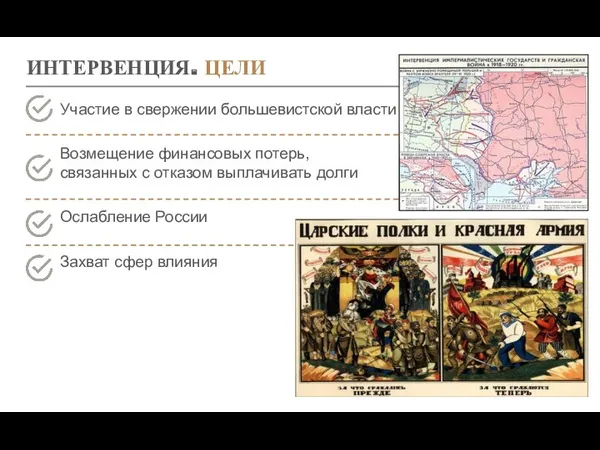 ИНТЕРВЕНЦИЯ. ЦЕЛИ Участие в свержении большевистской власти Возмещение финансовых потерь,