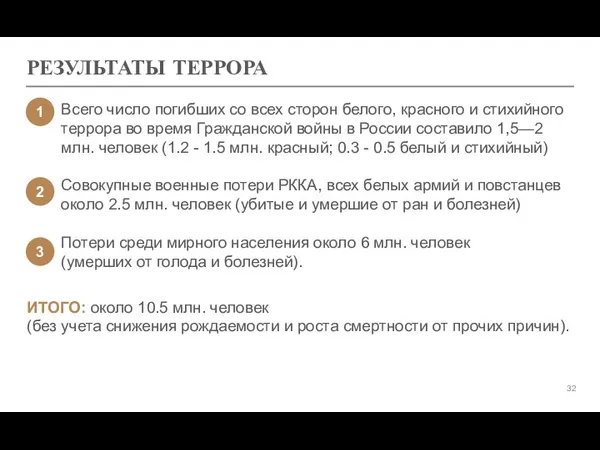 РЕЗУЛЬТАТЫ ТЕРРОРА Всего число погибших со всех сторон белого, красного