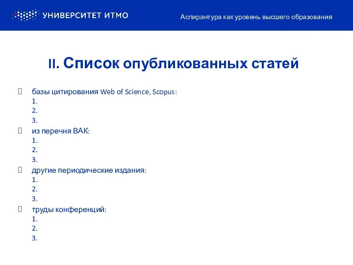 II. Список опубликованных статей базы цитирования Web of Science, Scopus: