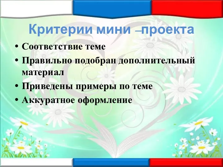 Критерии мини –проекта Соответствие теме Правильно подобран дополнительный материал Приведены примеры по теме Аккуратное оформление