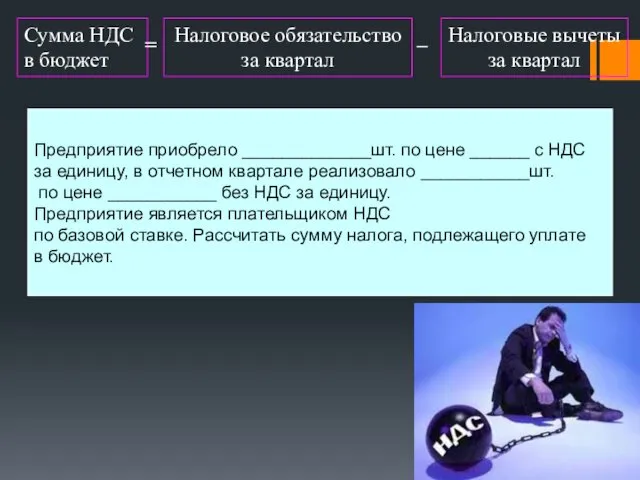 Сумма НДС в бюджет = Налоговое обязательство за квартал – Налоговые вычеты за