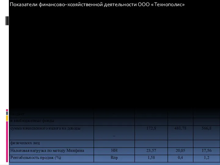Показатели финансово–хозяйственной деятельности ООО « Технополис»