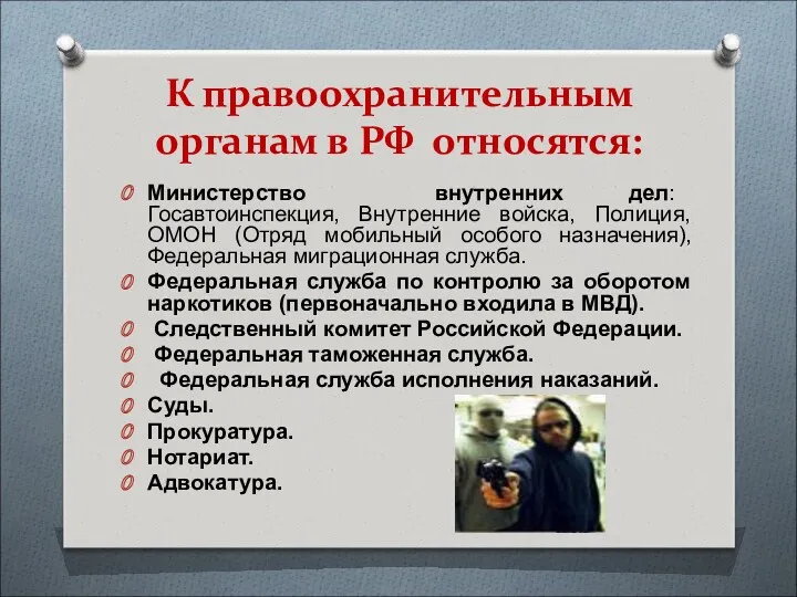 К правоохранительным органам в РФ относятся: Министерство внутренних дел: Госавтоинспекция,