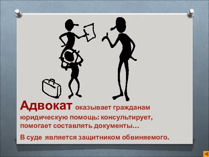 Адвокат оказывает гражданам юридическую помощь: консультирует, помогает составлять документы… В суде является защитником обвиняемого.