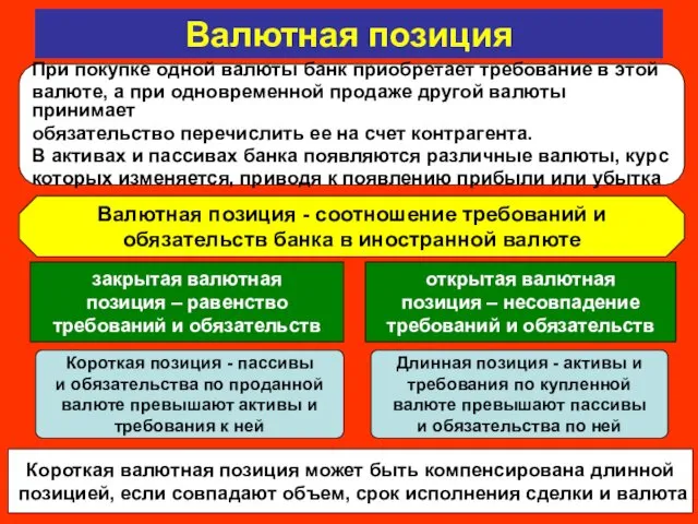 Валютная позиция Валютная позиция - соотношение требований и обязательств банка