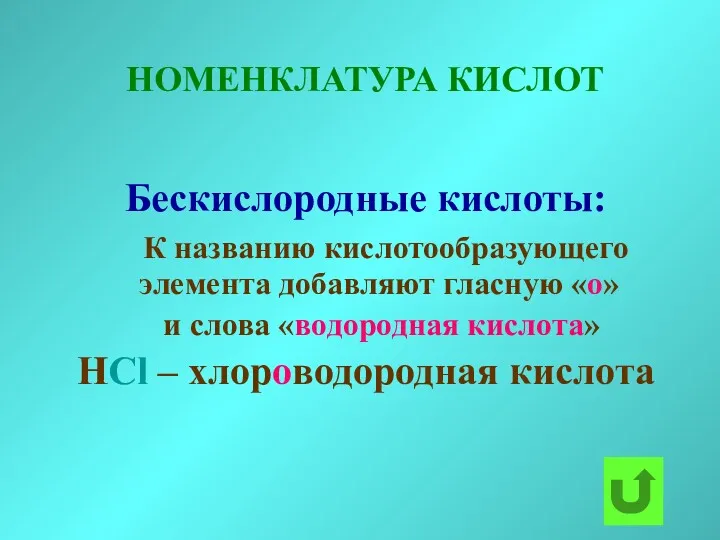 НОМЕНКЛАТУРА КИСЛОТ Бескислородные кислоты: К названию кислотообразующего элемента добавляют гласную