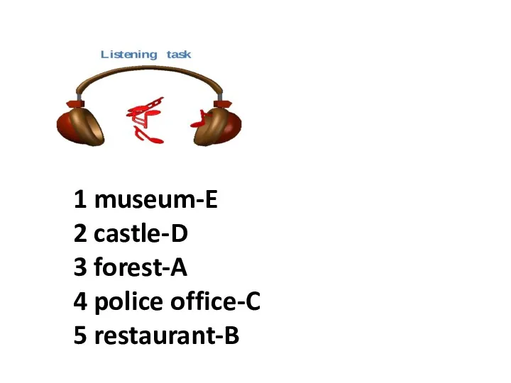 1 museum-E 2 castle-D 3 forest-A 4 police office-C 5 restaurant-B