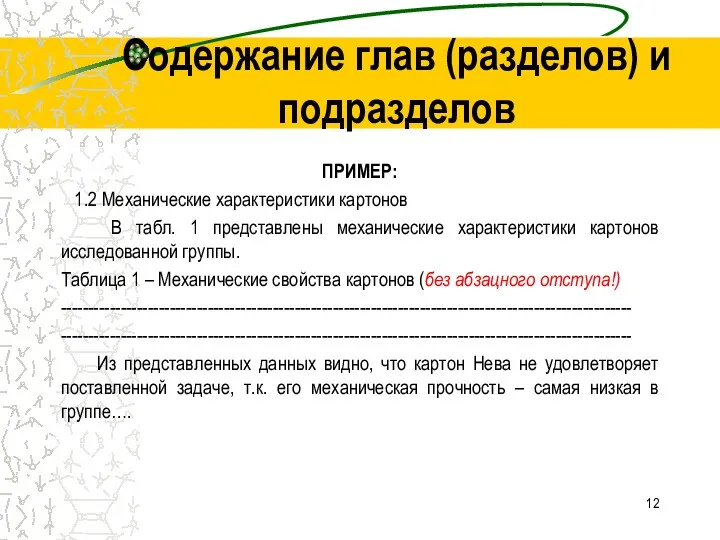 Содержание глав (разделов) и подразделов ПРИМЕР: 1.2 Механические характеристики картонов