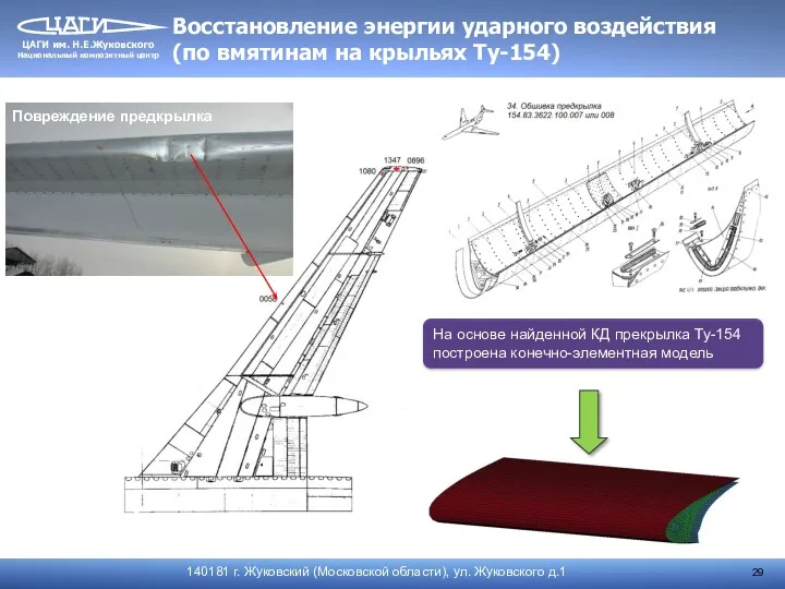 Восстановление энергии ударного воздействия (по вмятинам на крыльях Ту-154) На