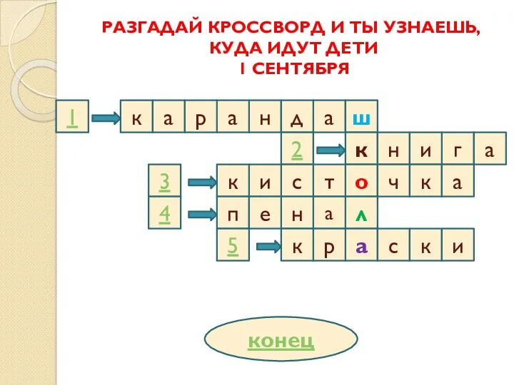 РАЗГАДАЙ КРОССВОРД И ТЫ УЗНАЕШЬ, КУДА ИДУТ ДЕТИ 1 СЕНТЯБРЯ