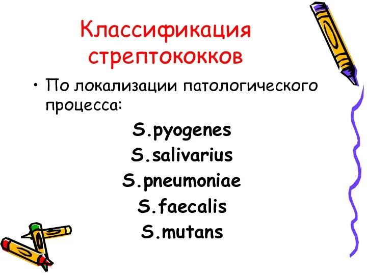 Классификация стрептококков По локализации патологического процесса: S.pyogenes S.salivarius S.pneumoniae S.faecalis S.mutans