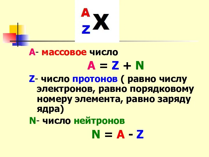 А- массовое число А = Z + N Z- число протонов ( равно