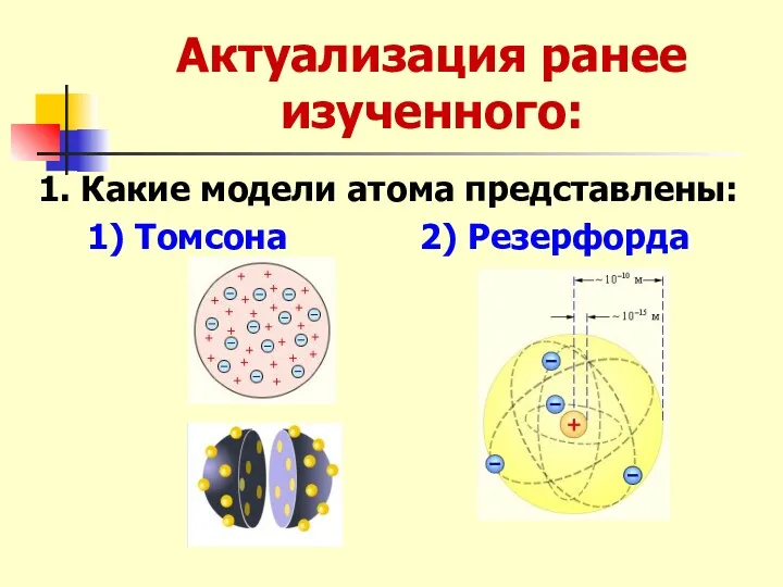Актуализация ранее изученного: 1. Какие модели атома представлены: 1) Томсона 2) Резерфорда