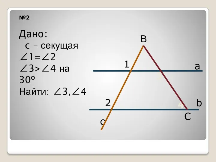 №2 а b c 1 Дано: c – секущая ∠1=∠2